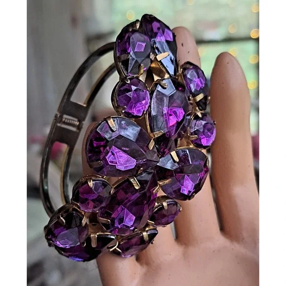 VTG Bold N Beautiful Purple Rhinestone Clamper Bracelet 1960's - Picture 10 of 16
